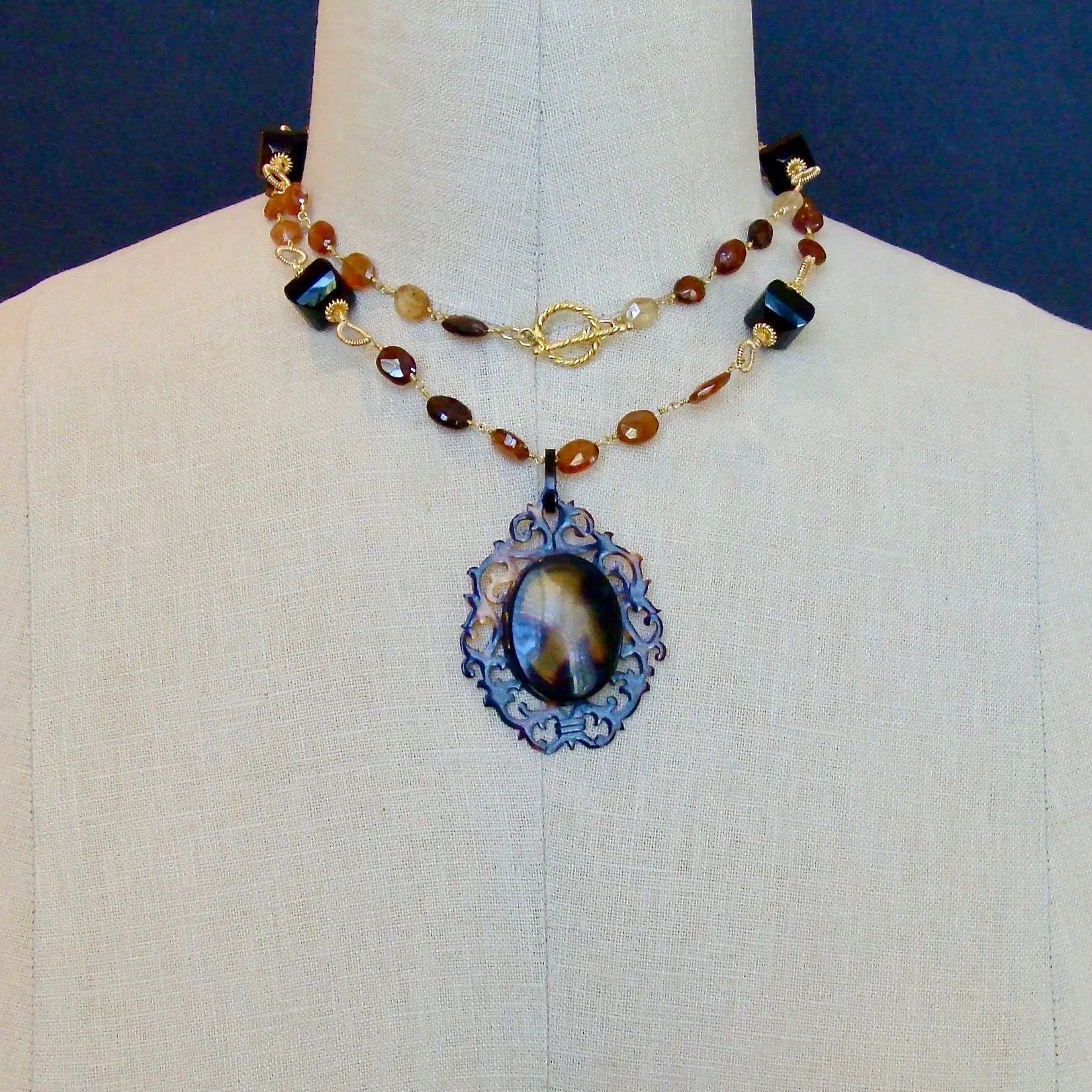 Victorian Celluloid Faux-Tortoise Cartouche Locket Hessonite Onyx Necklace - Clarice II Necklace