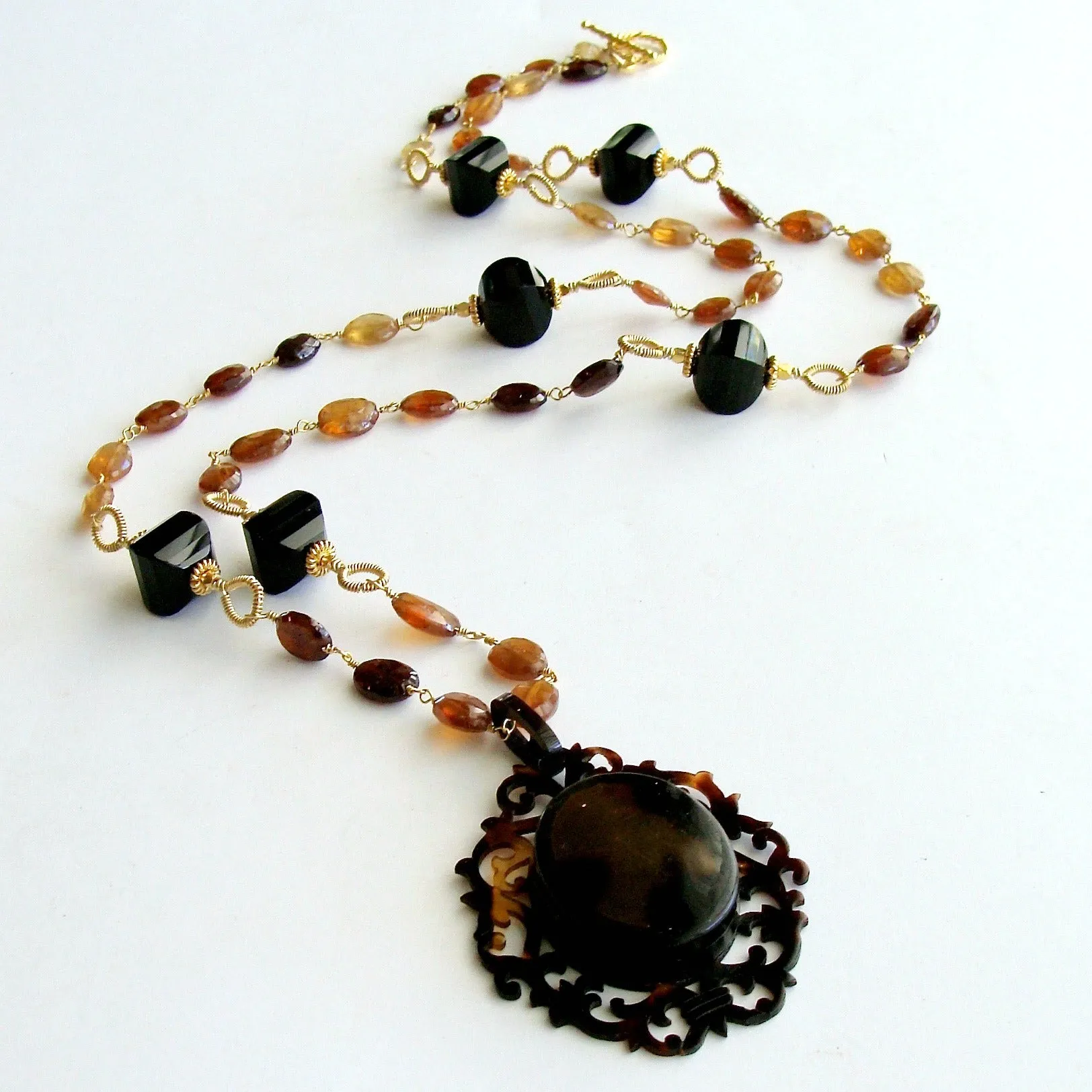 Victorian Celluloid Faux-Tortoise Cartouche Locket Hessonite Onyx Necklace - Clarice II Necklace