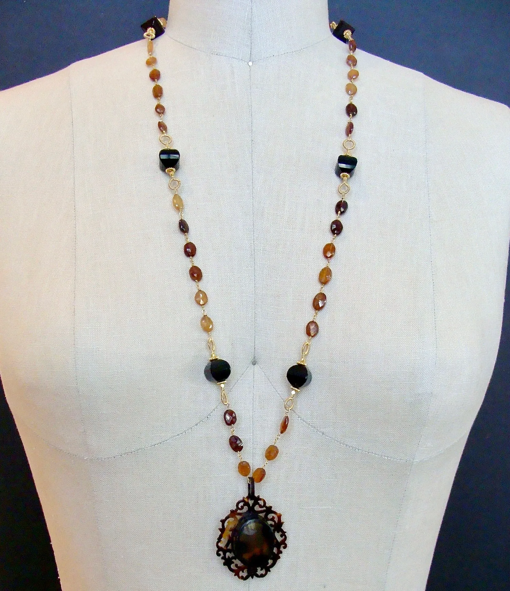 Victorian Celluloid Faux-Tortoise Cartouche Locket Hessonite Onyx Necklace - Clarice II Necklace