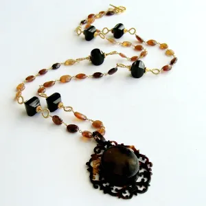 Victorian Celluloid Faux-Tortoise Cartouche Locket Hessonite Onyx Necklace - Clarice II Necklace