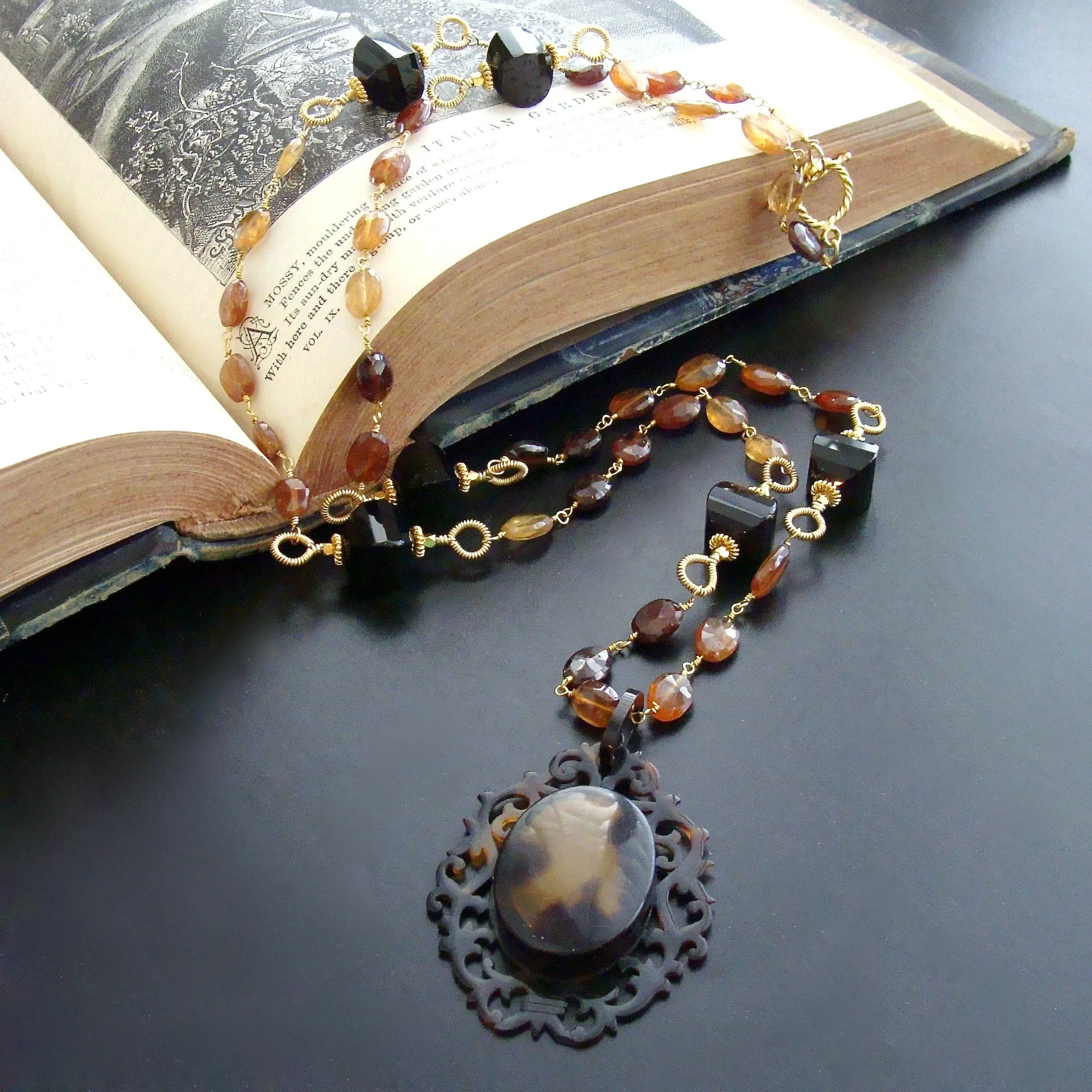 Victorian Celluloid Faux-Tortoise Cartouche Locket Hessonite Onyx Necklace - Clarice II Necklace