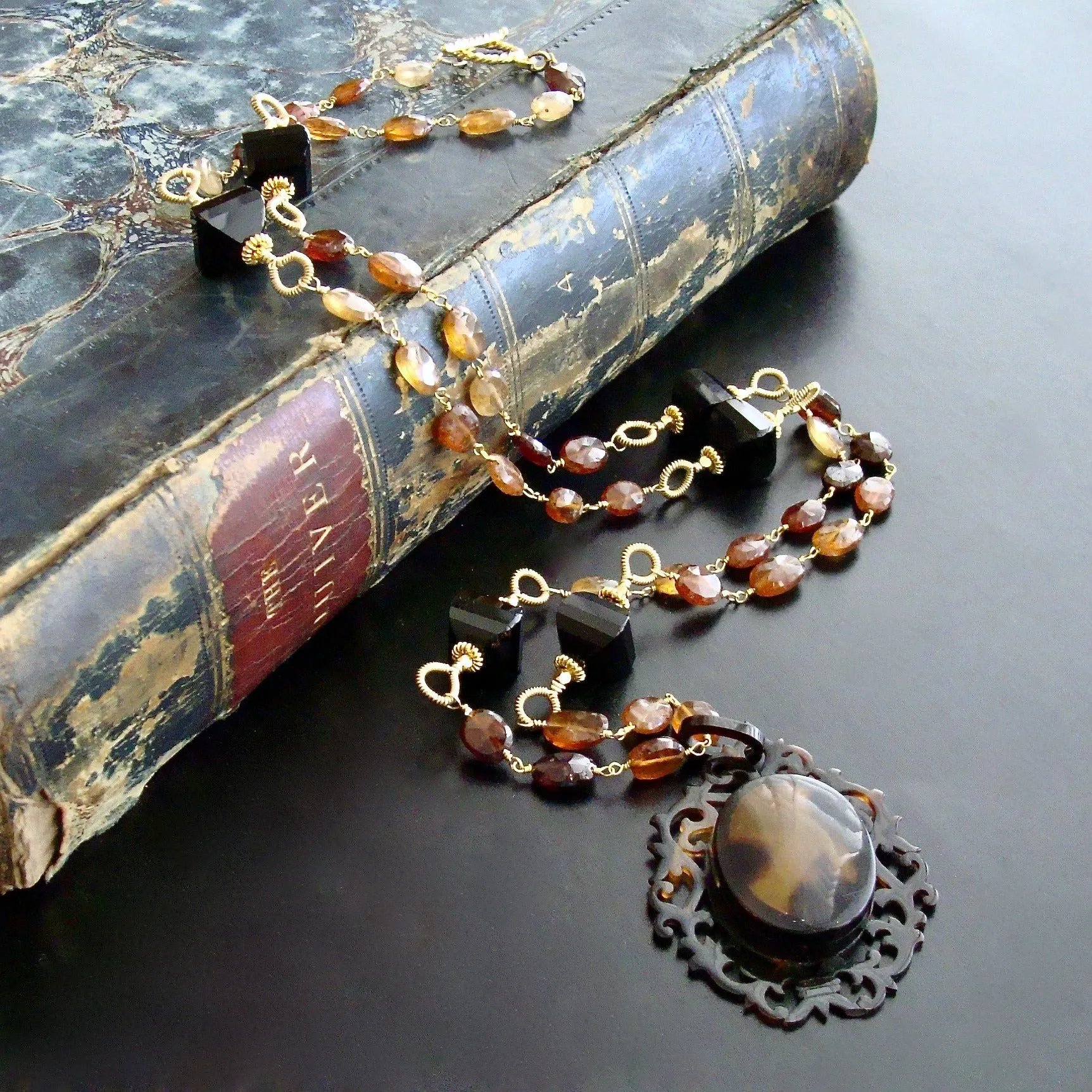 Victorian Celluloid Faux-Tortoise Cartouche Locket Hessonite Onyx Necklace - Clarice II Necklace