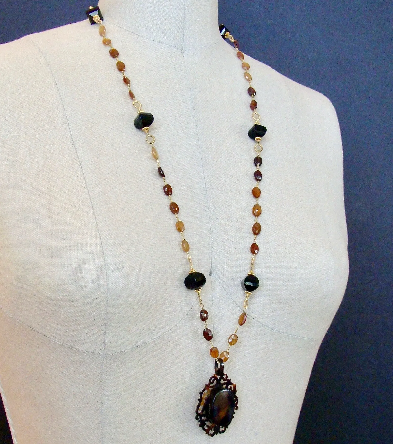 Victorian Celluloid Faux-Tortoise Cartouche Locket Hessonite Onyx Necklace - Clarice II Necklace
