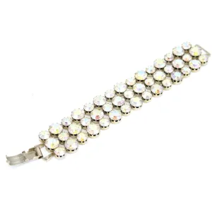 Vintage 1950s Aurora Borealis Rhinestone Bracelet Wide Gold tone Sparkling 7" Large Stones