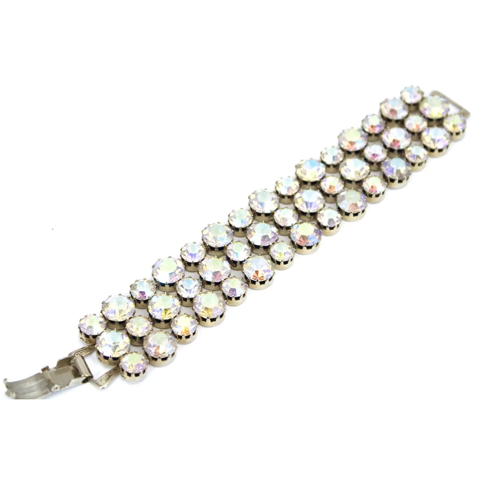 Vintage 1950s Aurora Borealis Rhinestone Bracelet Wide Gold tone Sparkling 7" Large Stones