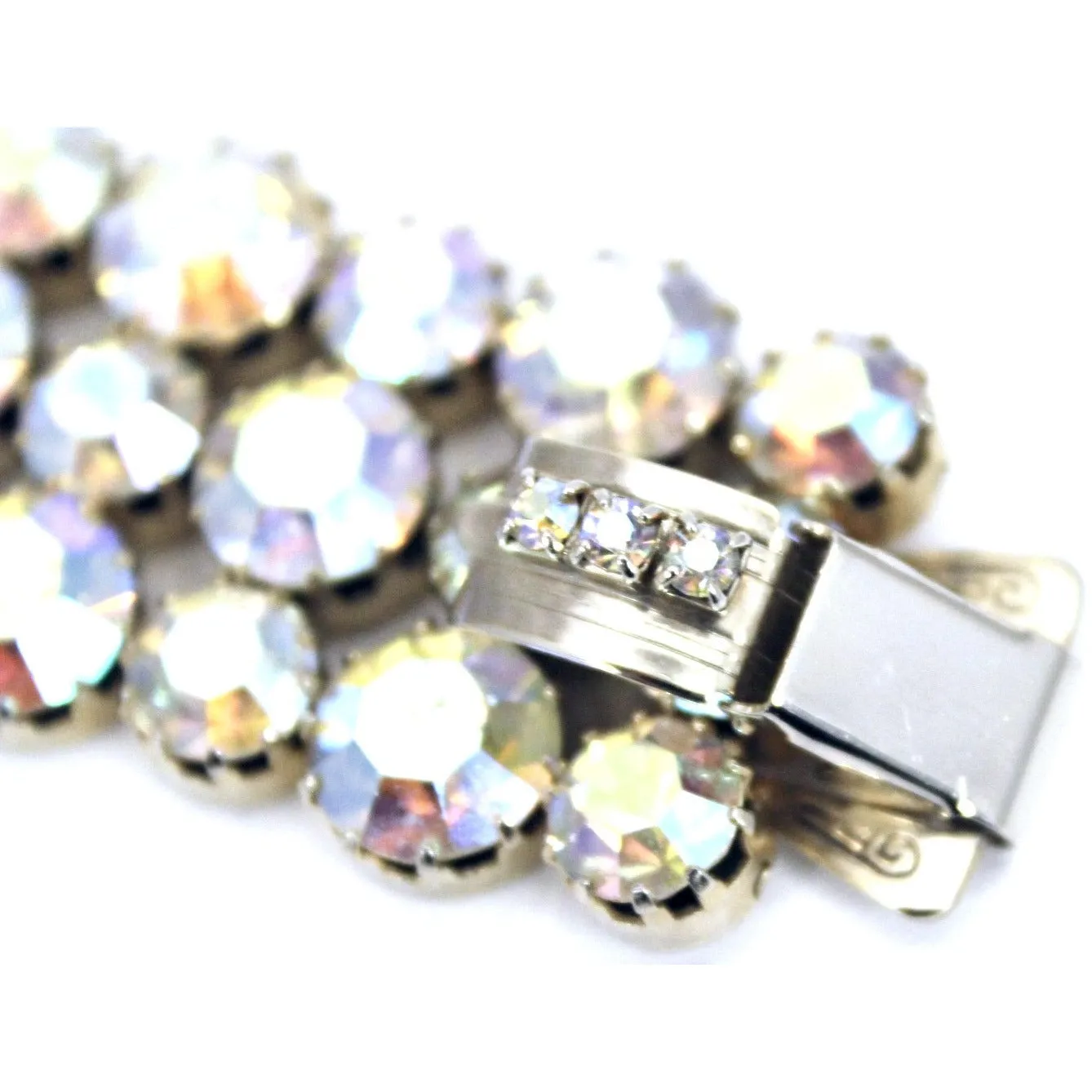 Vintage 1950s Aurora Borealis Rhinestone Bracelet Wide Gold tone Sparkling 7" Large Stones