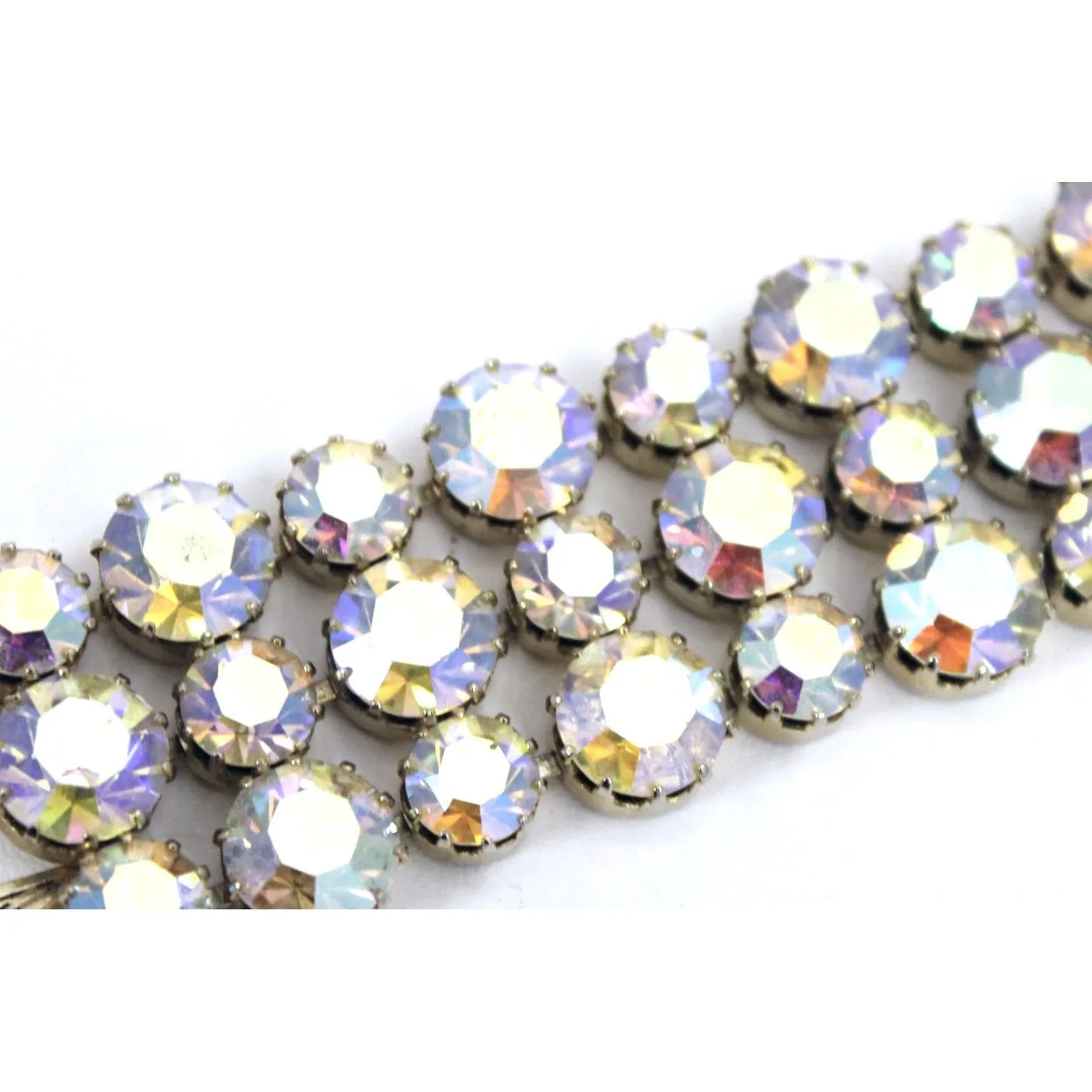 Vintage 1950s Aurora Borealis Rhinestone Bracelet Wide Gold tone Sparkling 7" Large Stones