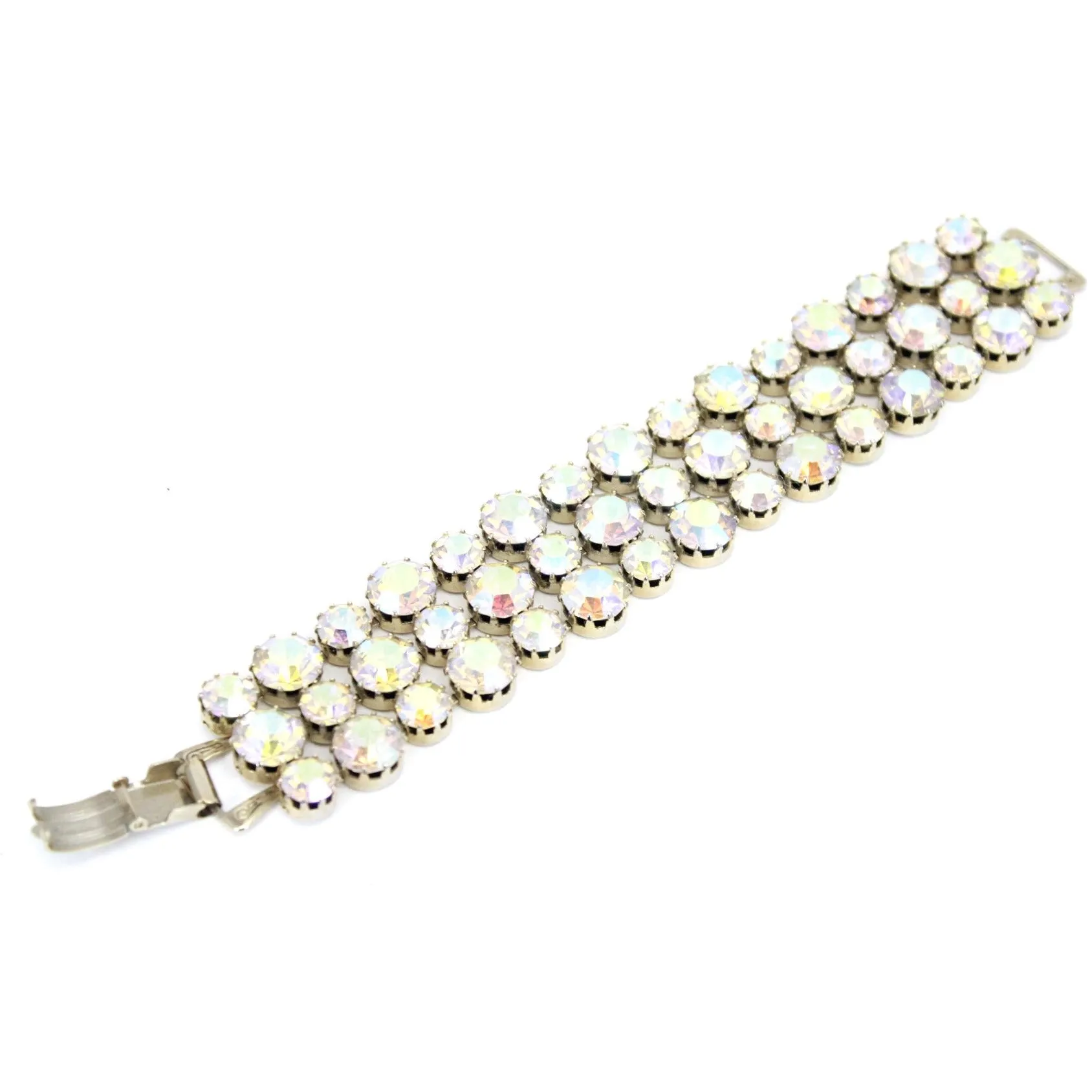 Vintage 1950s Aurora Borealis Rhinestone Bracelet Wide Gold tone Sparkling 7" Large Stones