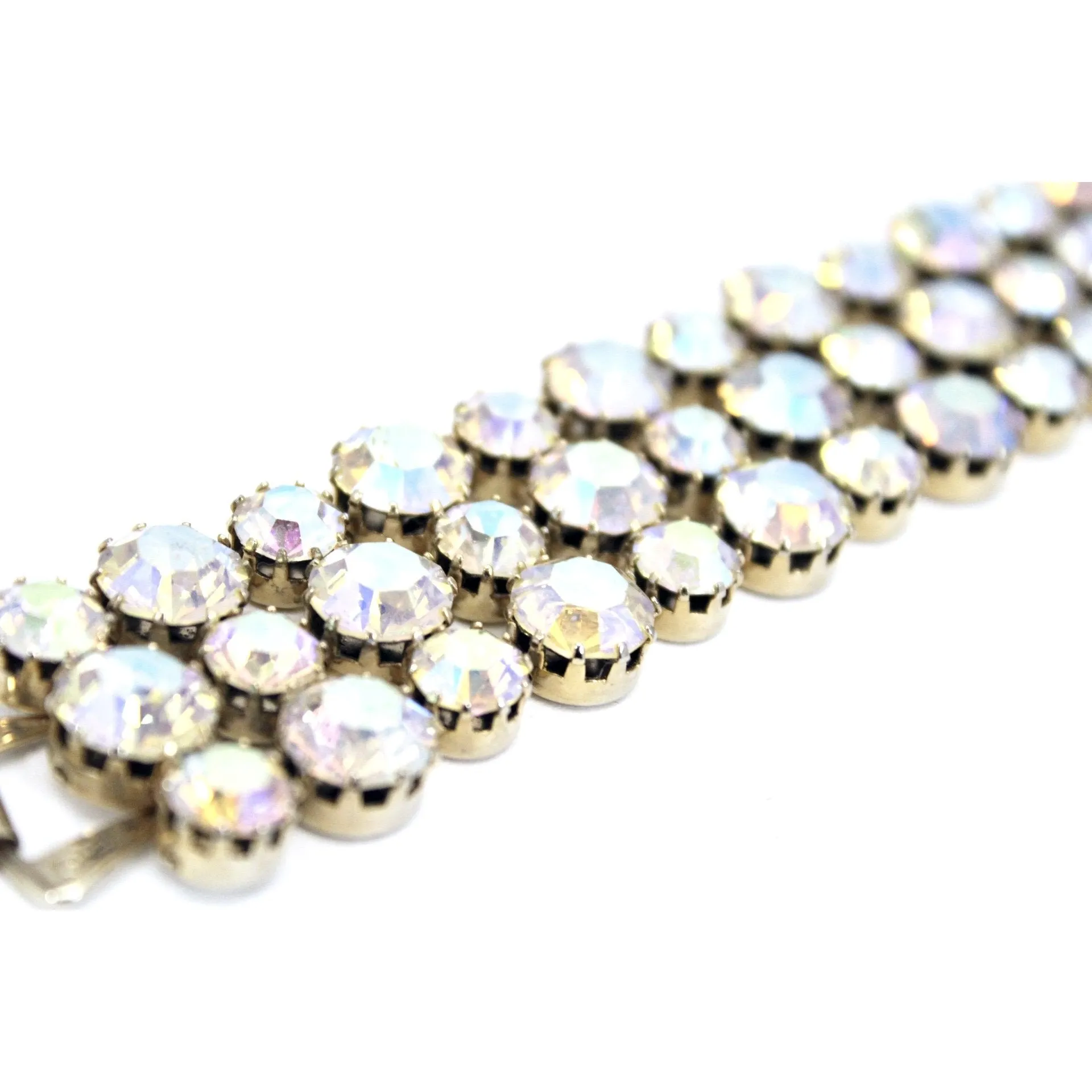 Vintage 1950s Aurora Borealis Rhinestone Bracelet Wide Gold tone Sparkling 7" Large Stones