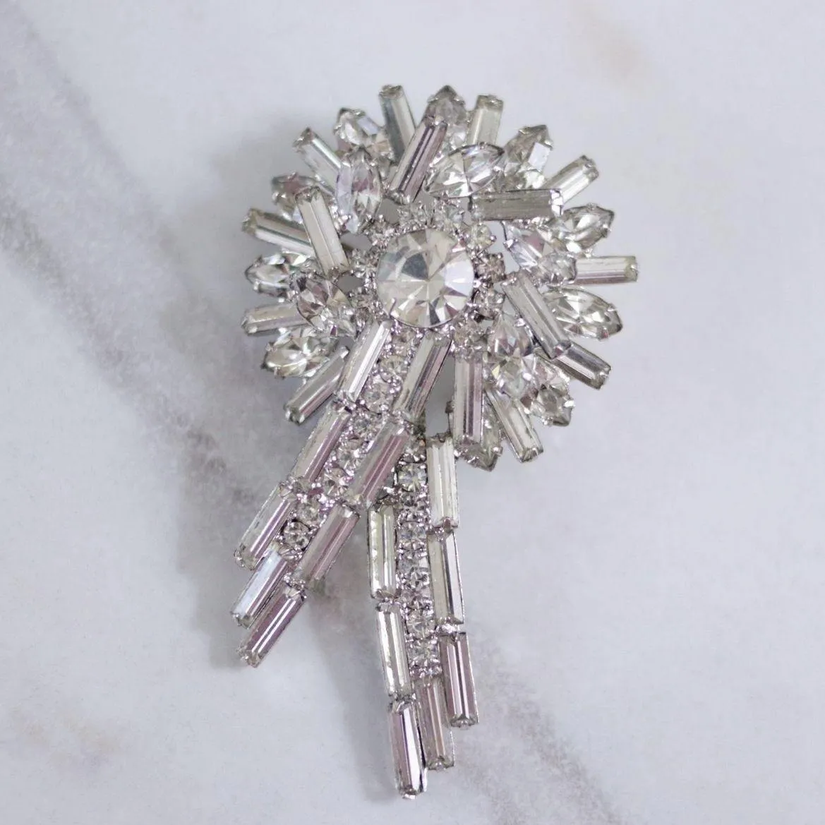 Vintage Large Diamante Firework Brooch with Baguette and Brilliant Round Crystals