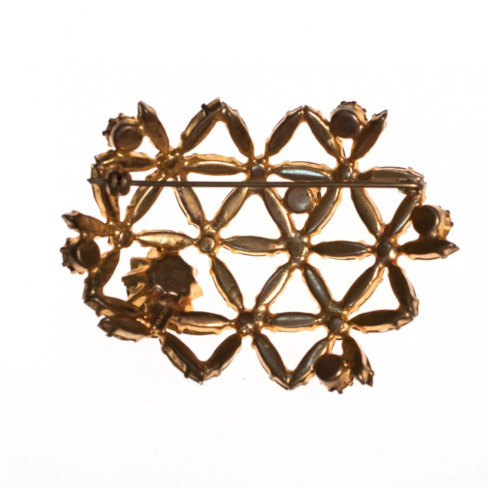 Vintage Made in Austria Champagne Rhinestone Brooch with Lattice Design