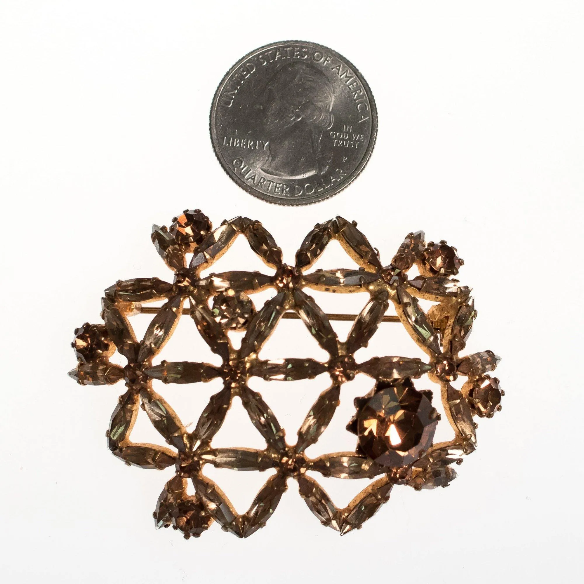 Vintage Made in Austria Champagne Rhinestone Brooch with Lattice Design