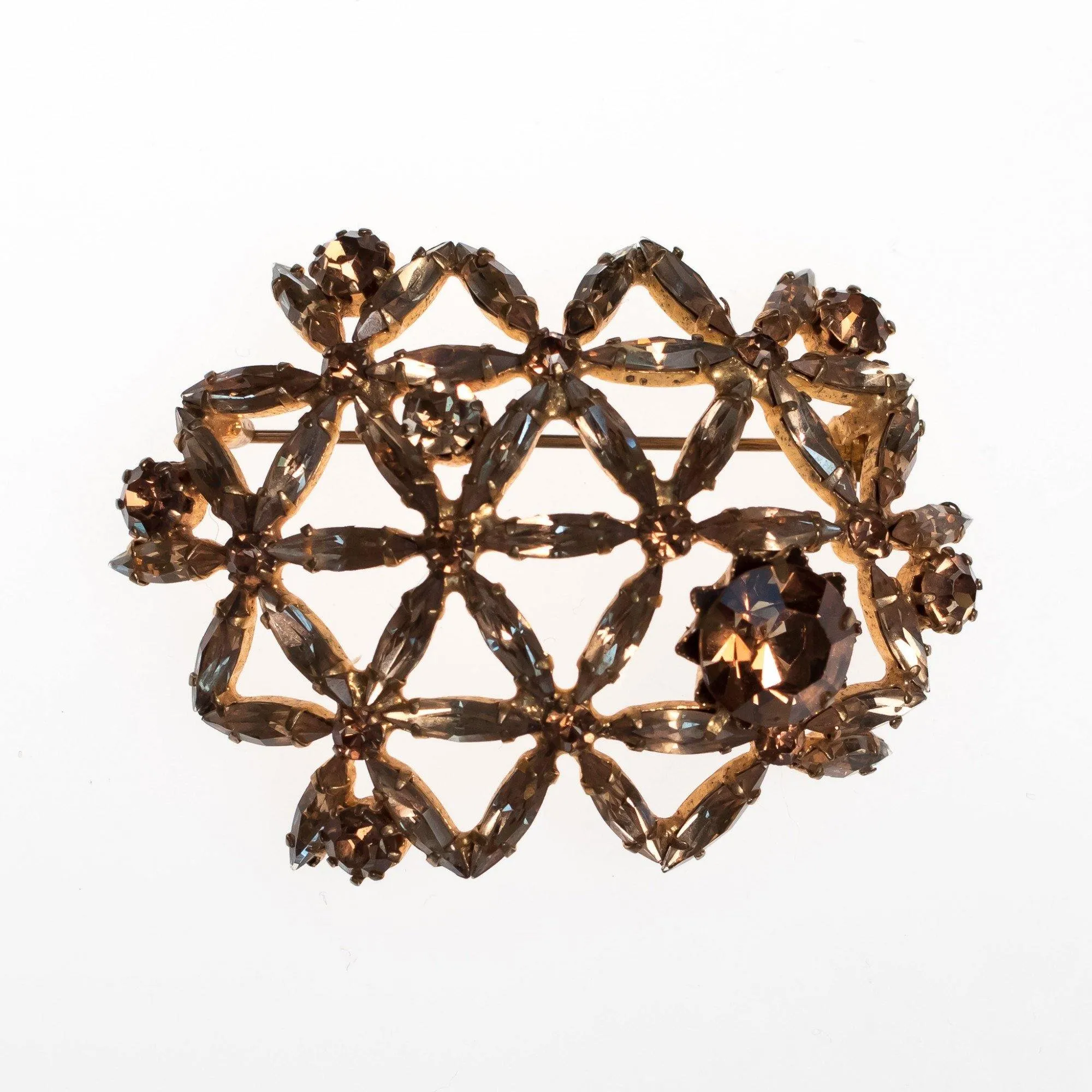 Vintage Made in Austria Champagne Rhinestone Brooch with Lattice Design