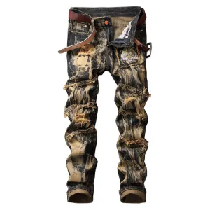 Vintage Mid Waist Long Trousers Men's Ripped Jeans Straight Pants