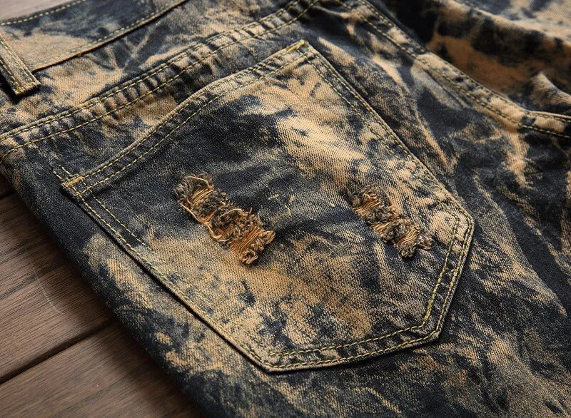 Vintage Mid Waist Long Trousers Men's Ripped Jeans Straight Pants