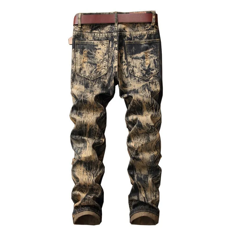 Vintage Mid Waist Long Trousers Men's Ripped Jeans Straight Pants