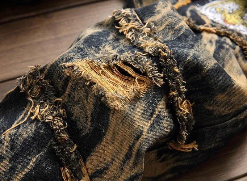 Vintage Mid Waist Long Trousers Men's Ripped Jeans Straight Pants