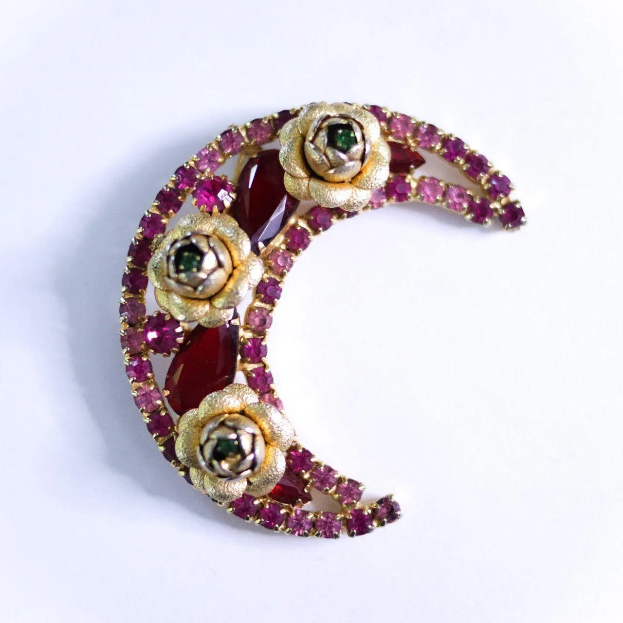 Vintage Red Rhinestone and Roses Crescent Brooch
