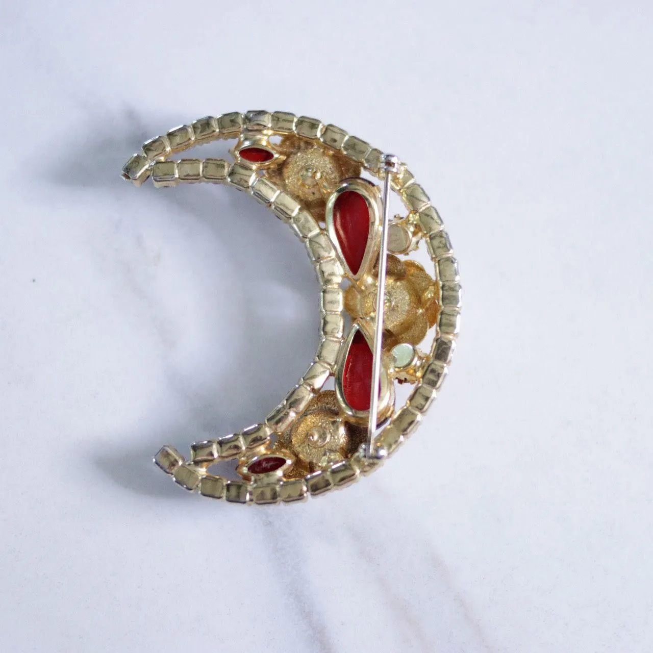 Vintage Red Rhinestone and Roses Crescent Brooch