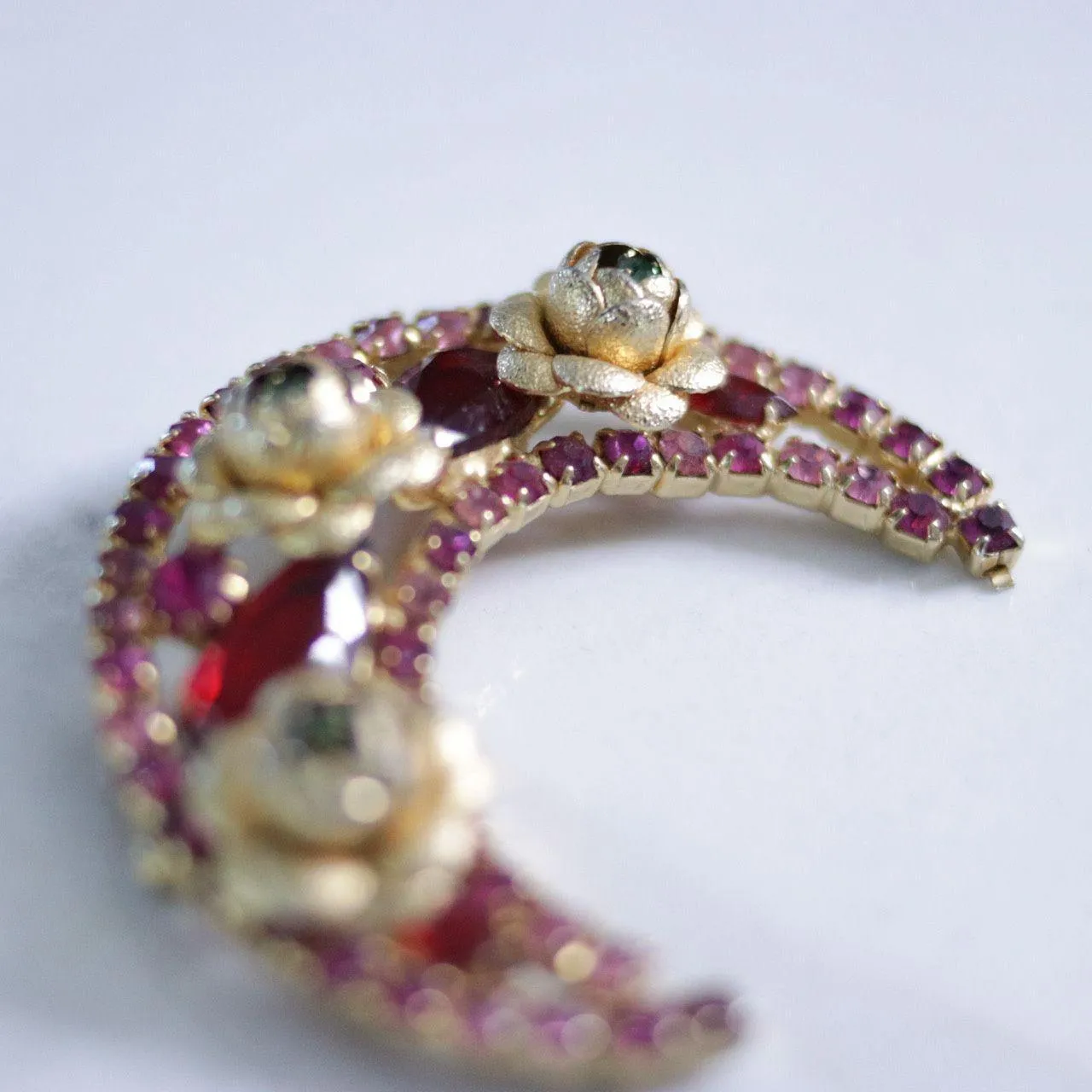 Vintage Red Rhinestone and Roses Crescent Brooch