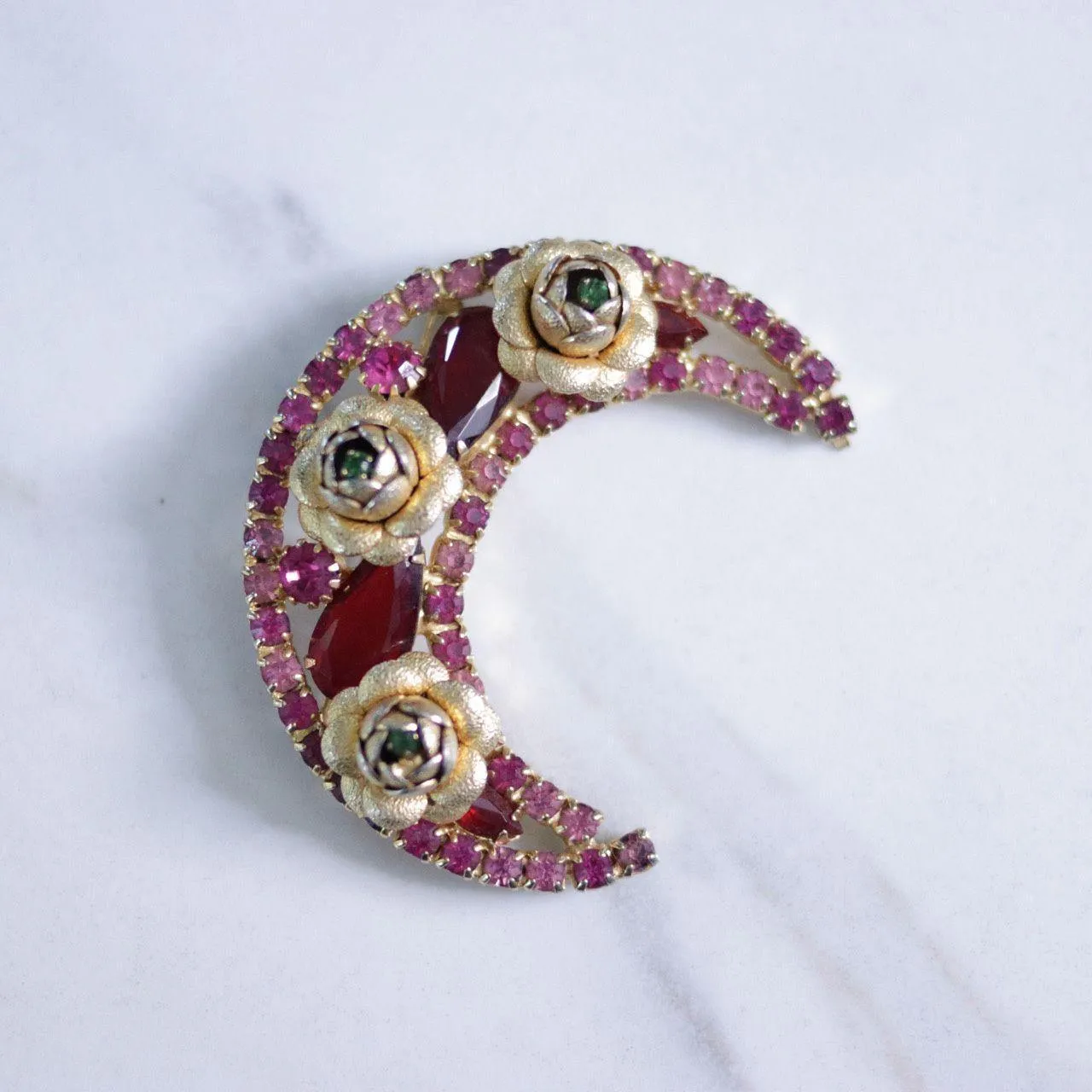Vintage Red Rhinestone and Roses Crescent Brooch