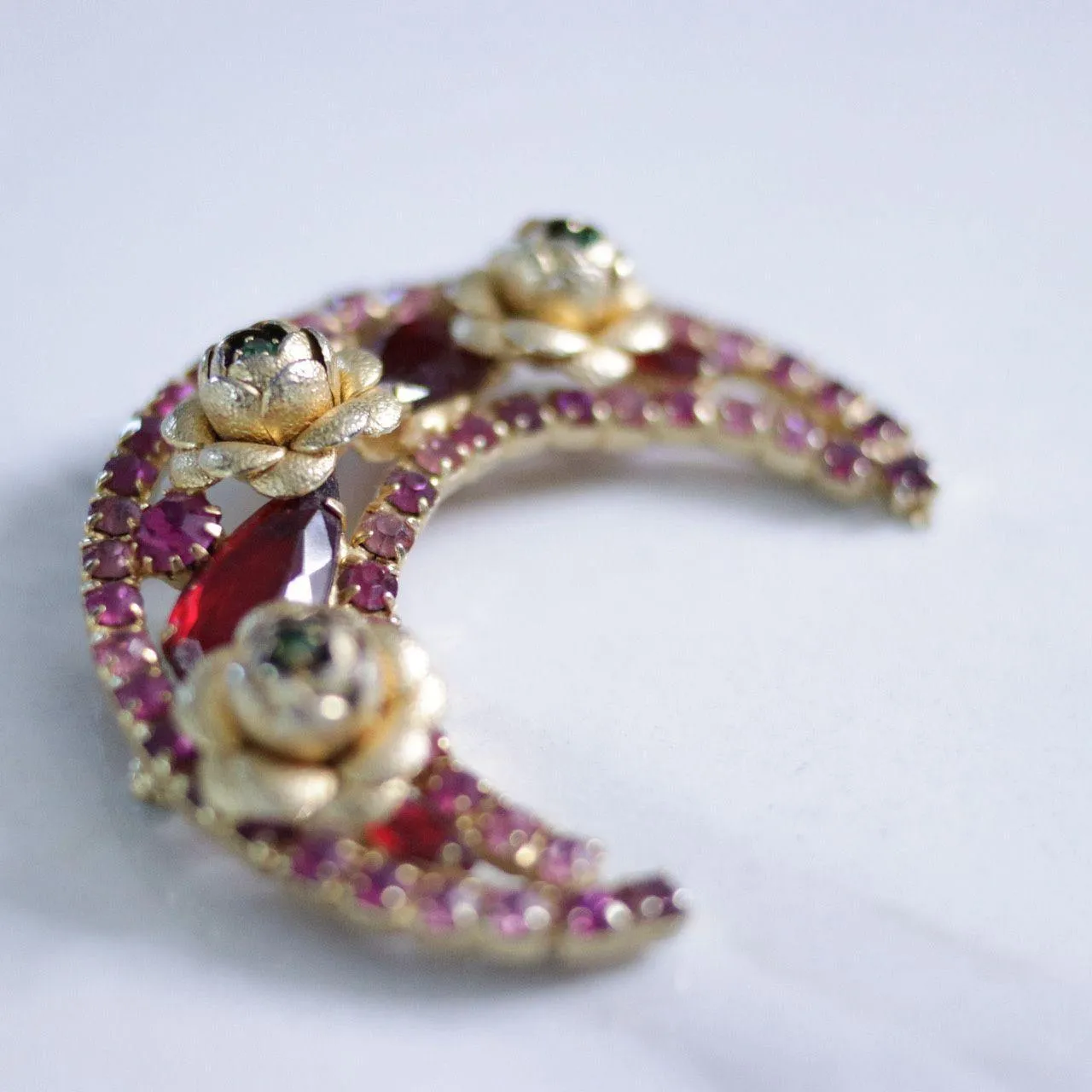 Vintage Red Rhinestone and Roses Crescent Brooch