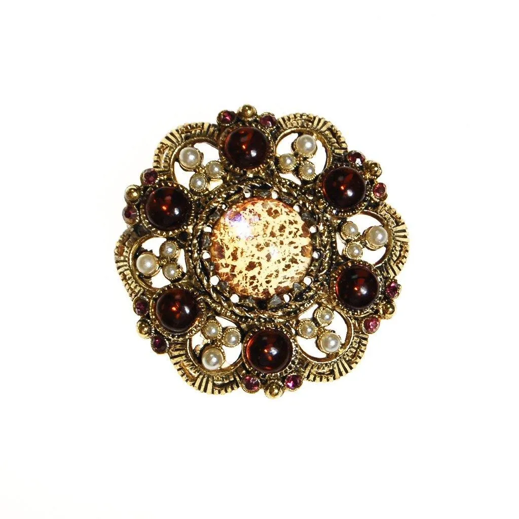 Weiss Fire Opal Dragons Breath Seed Pearl and Amethyst Rhinestone Brooch