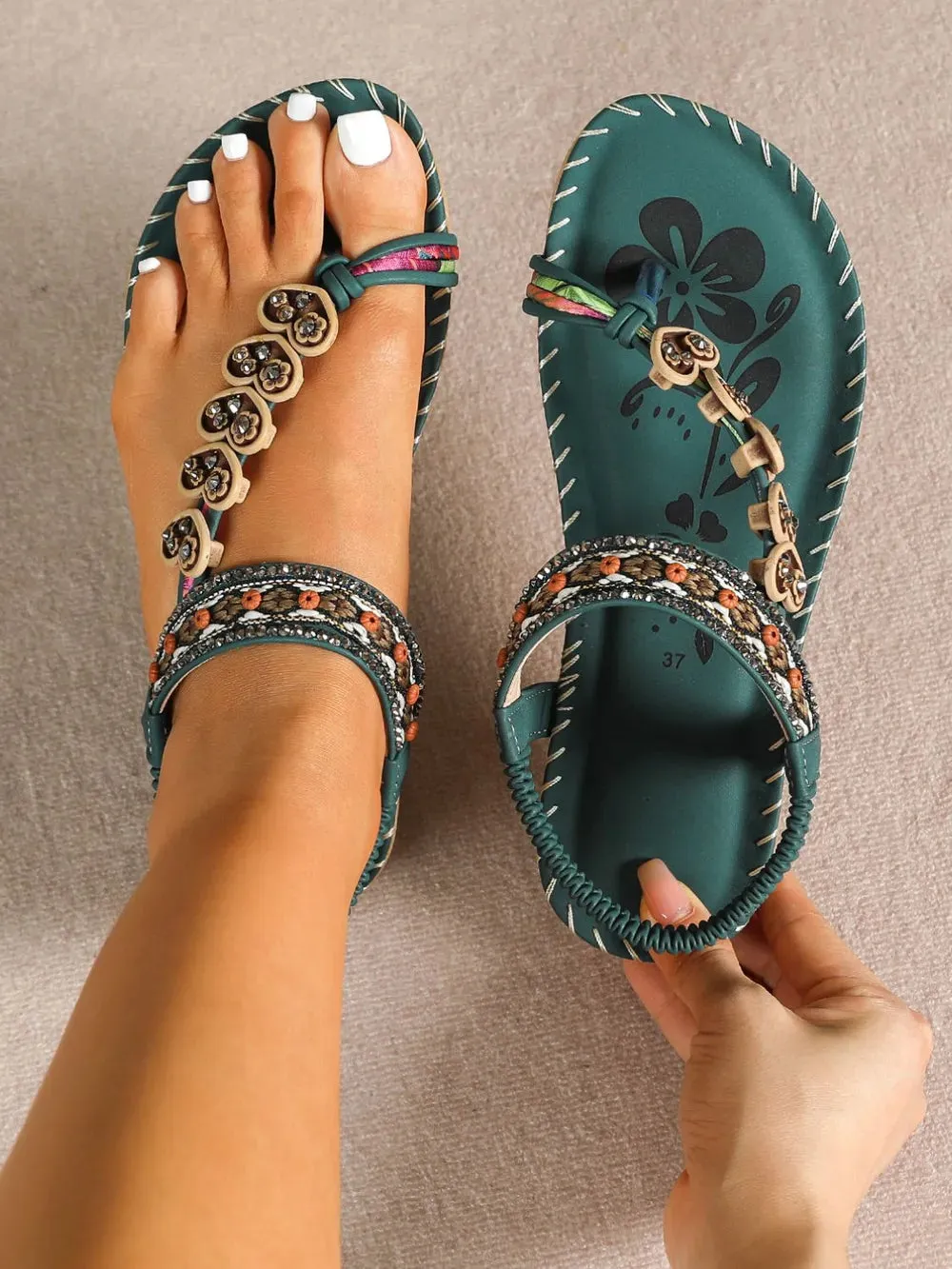 Western Asian ethnic style women's shoes summer fashion beach flat sandals beaded diamond clip on shoes
