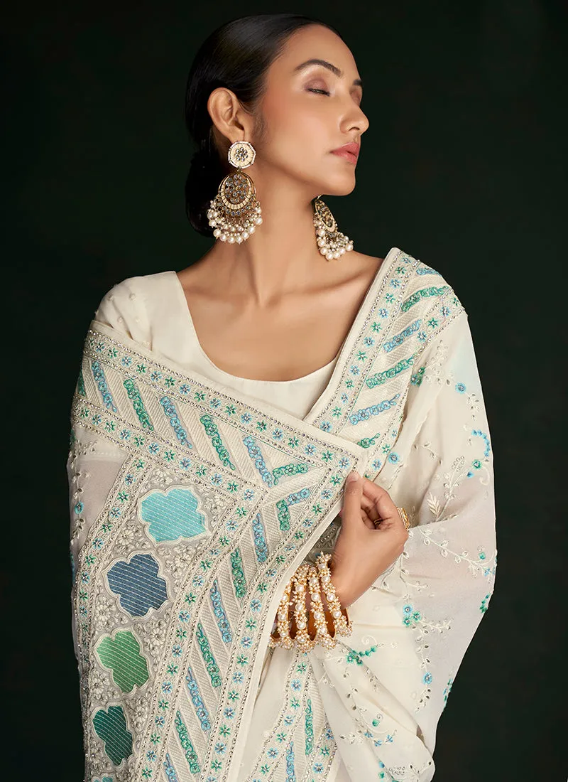 White And Blue Embroidery Lucknowi Saree