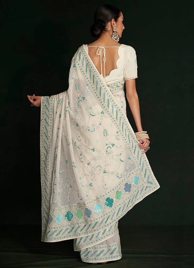 White And Blue Embroidery Lucknowi Saree