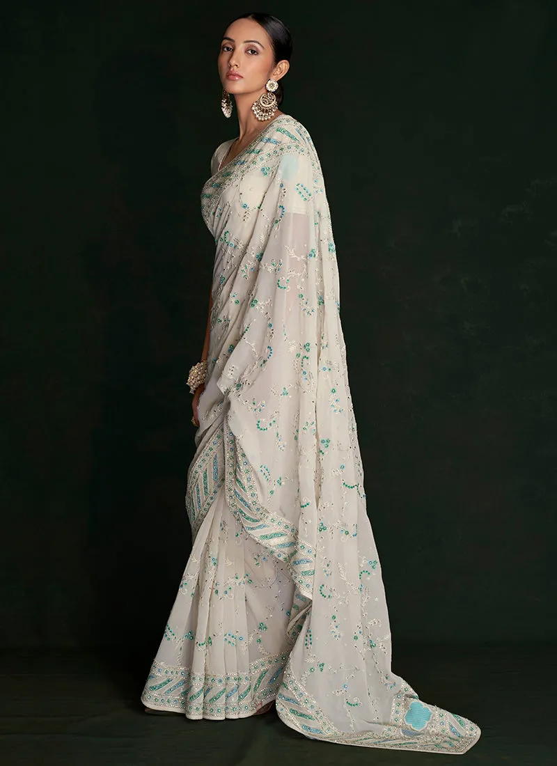 White And Blue Embroidery Lucknowi Saree