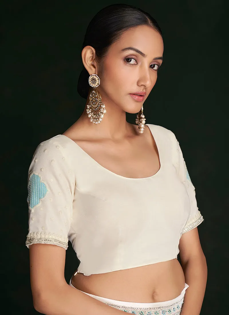 White And Blue Embroidery Lucknowi Saree