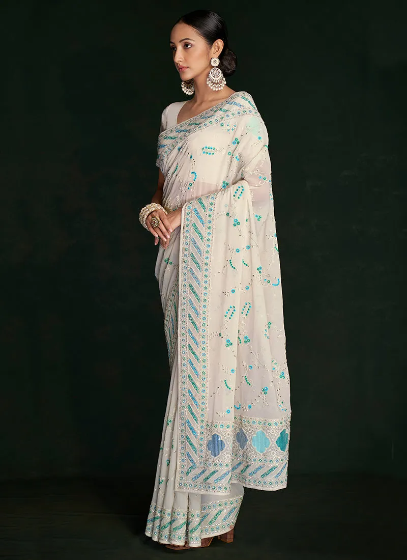 White And Blue Embroidery Lucknowi Saree