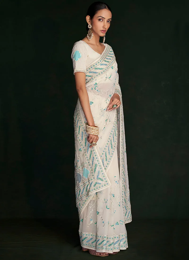 White And Blue Embroidery Lucknowi Saree