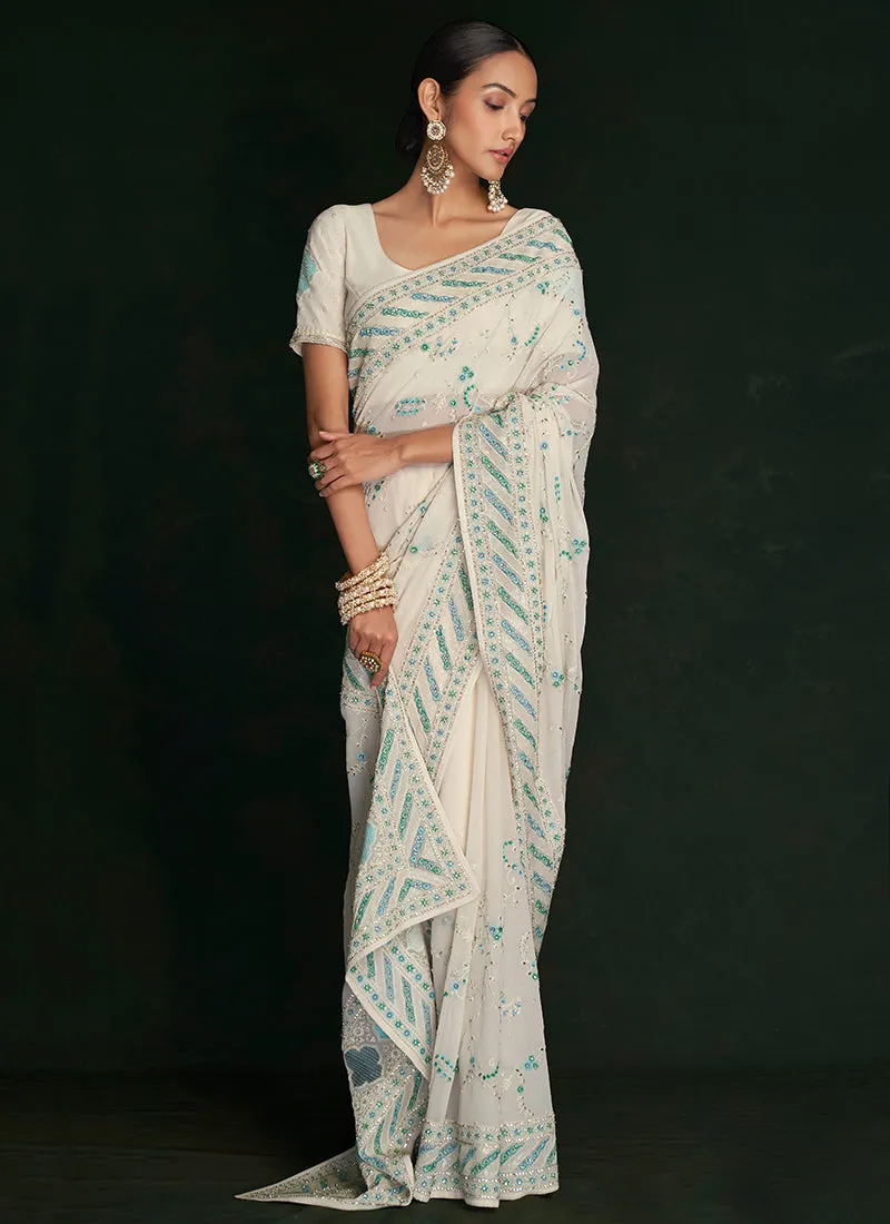 White And Blue Embroidery Lucknowi Saree