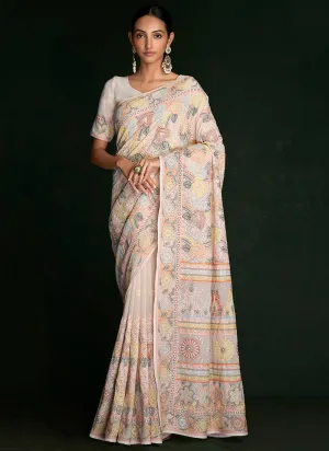 White And Peach Embroidery Lucknowi Saree