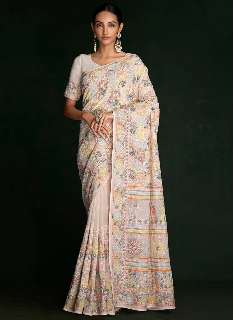 White And Peach Embroidery Lucknowi Saree