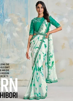 White Embroidered Tie Dyed Designer Silk Saree