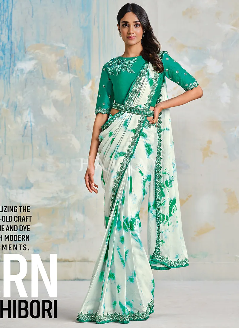 White Embroidered Tie Dyed Designer Silk Saree