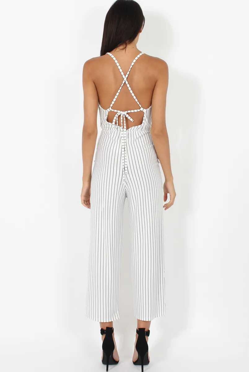 White Pinstripe Plunge Culotte Jumpsuit - Francine