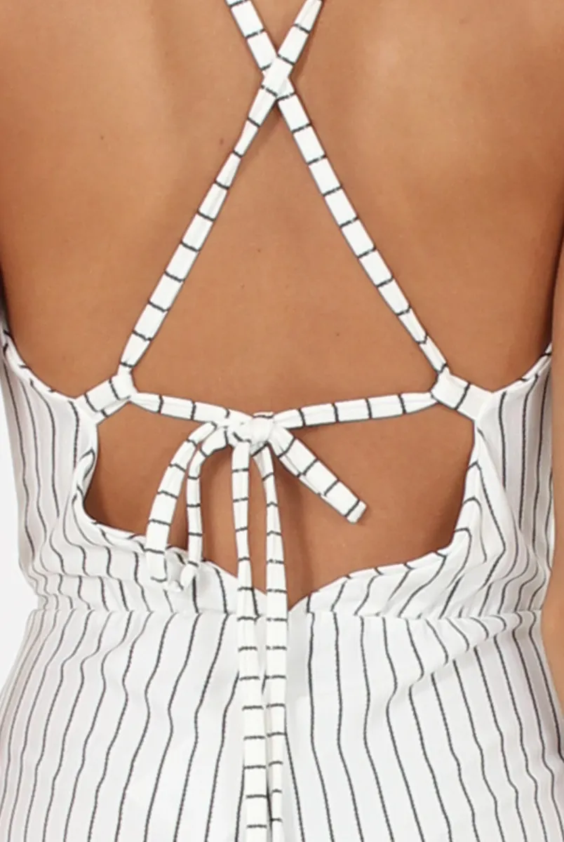 White Pinstripe Plunge Culotte Jumpsuit - Francine