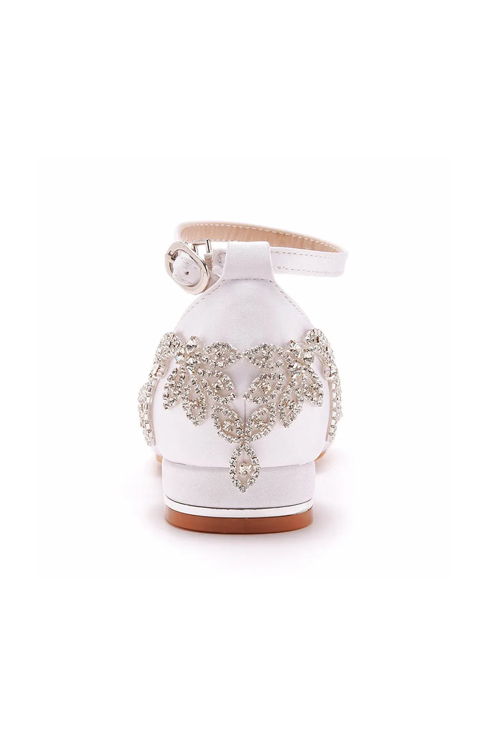 White Satin Rhinestone Flowers Pointed Toe Ankle Strap Chunky Heels
