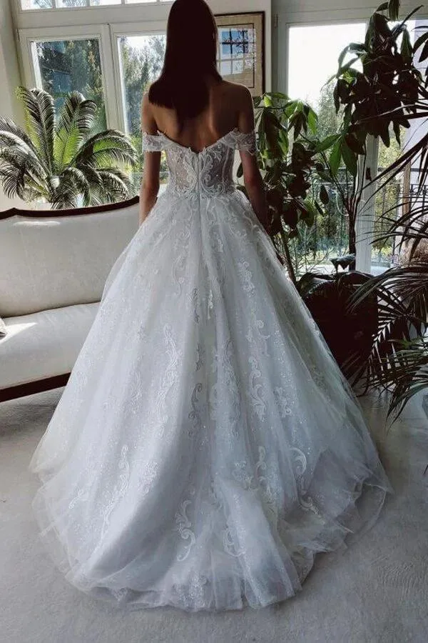 White Tulle A-line Off-the-Shoulder Beaded Lace Appliques Wedding Dresses TN312