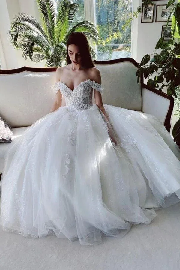 White Tulle A-line Off-the-Shoulder Beaded Lace Appliques Wedding Dresses TN312