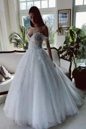 White Tulle A-line Off-the-Shoulder Beaded Lace Appliques Wedding Dresses TN312
