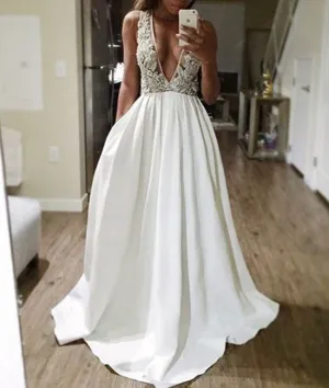 White v neck sequin beaded long prom dress, white evening dress