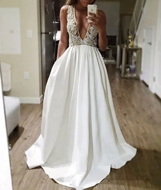 White v neck sequin beaded long prom dress, white evening dress