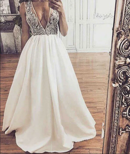 White v neck sequin beaded long prom dress, white evening dress