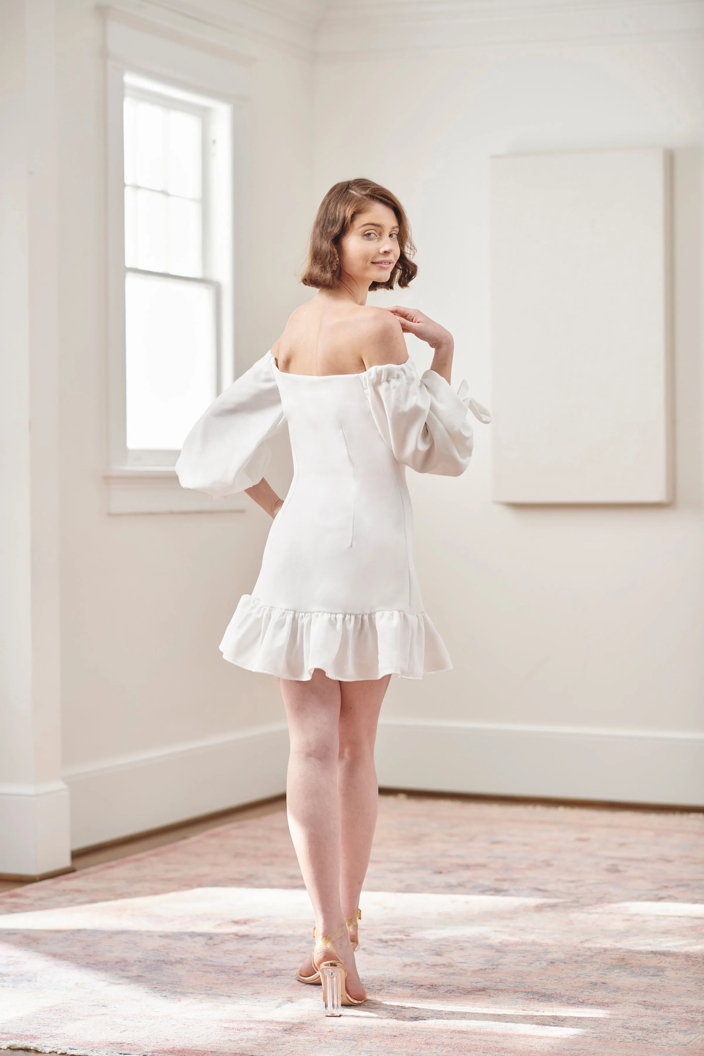 Williams Modern Off The Shoulder White Bridal Shower & Rehearsal Dinner Dress