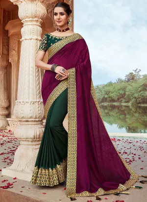 Wine And Green Multi Embroidered Saree